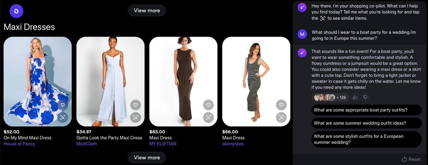 The left side of the screen shows images of maxi dresses and on the right the chatbot suggests wearing something "comfortable and stylish."