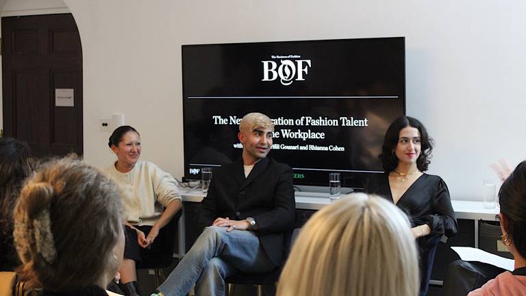 Three panellists sit in front of screen reading 'The Next Generation of Fashion Talent and the Workplace' at the Jimmy Choo Academy. From left, the panellists are: Rhianna Cohen, creative director at Mørning; Pavel Dler, founder and CEO at Culted; and Erifili Gounari, founder of The Z Link.